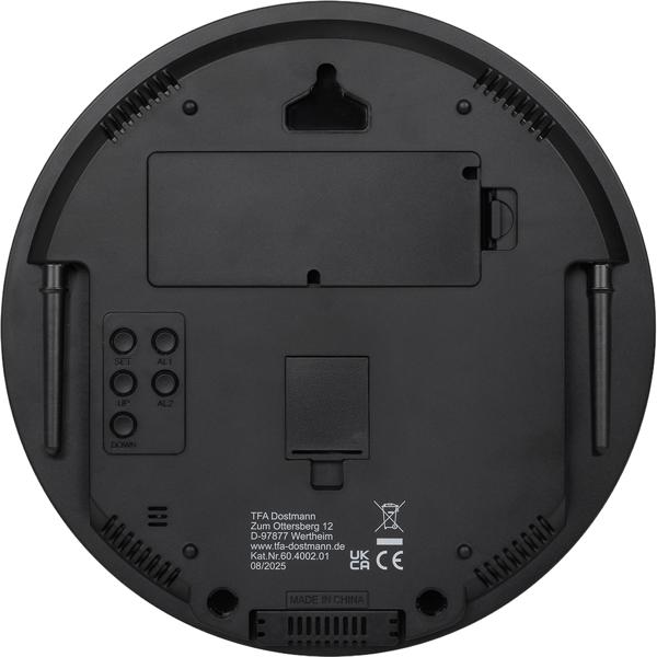Modern LED wall & table clock, digital: all-round seconds display, 2 alarms, snooze, date, temperature, mains & battery operated – Ø25.5 cm, black