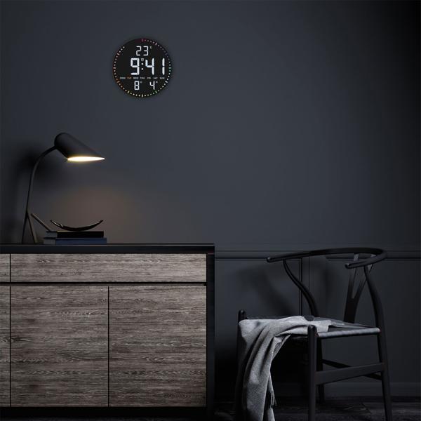 Modern LED wall & table clock, digital: all-round seconds display, 2 alarms, snooze, date, temperature, mains & battery operated – Ø25.5 cm, black