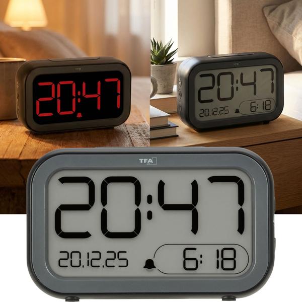 Digital alarm clock with LCD & LED display – battery table clock with light sensor & snooze – USB rechargeable – modern design for bedroom & office – 13.2 cm