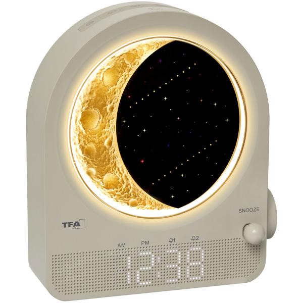 Modern digital light alarm clock with moon lamp, meteor simulation & 10 nature sounds – For gentle falling asleep, 2 alarms, 16x6.9x18.4 cm