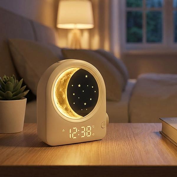 Modern digital light alarm clock with moon lamp, meteor simulation & 10 nature sounds – For gentle falling asleep, 2 alarms, 16x6.9x18.4 cm