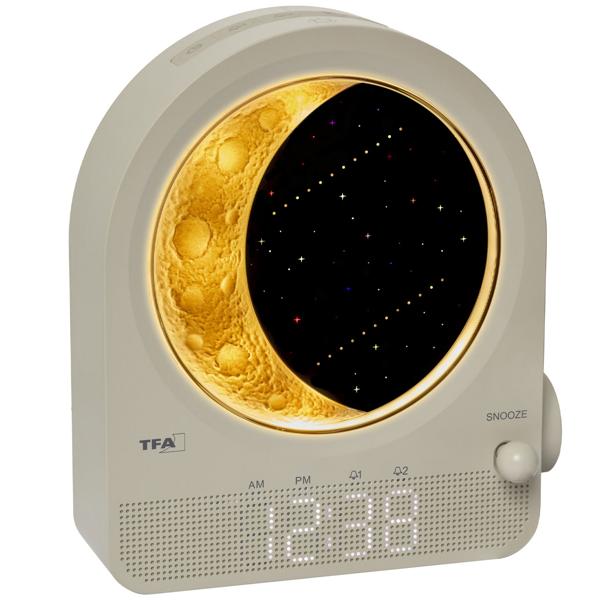 Modern digital light alarm clock with moon lamp, meteor simulation & 10 nature sounds – For gentle falling asleep, 2 alarms, 16x6.9x18.4 cm