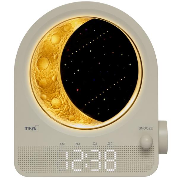 Modern digital light alarm clock with moon lamp, meteor simulation & 10 nature sounds – For gentle falling asleep, 2 alarms, 16x6.9x18.4 cm