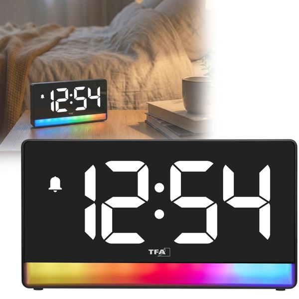 Modern digital alarm clock with mood light: LED light alarm clock with USB charging function, 6 colour gradients, 8 constant colours, dimmable – mains operation & batteries