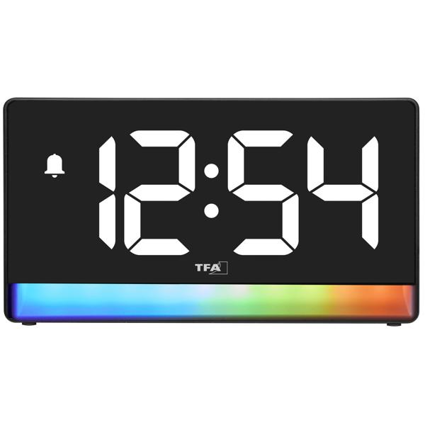 Modern digital alarm clock with mood light: LED light alarm clock with USB charging function, 6 colour gradients, 8 constant colours, dimmable – mains operation & batteries