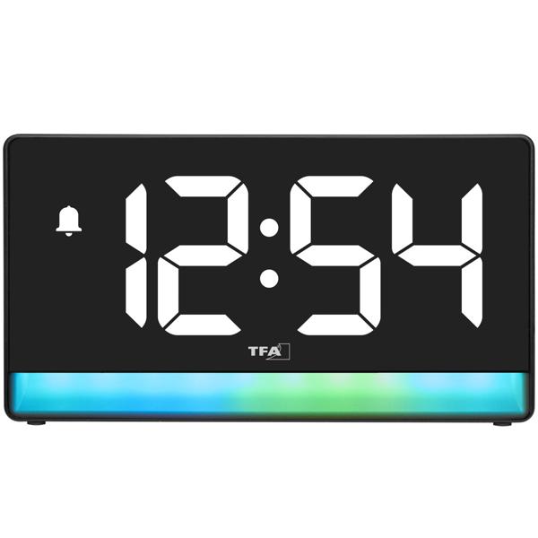 Modern digital alarm clock with mood light: LED light alarm clock with USB charging function, 6 colour gradients, 8 constant colours, dimmable – mains operation & batteries