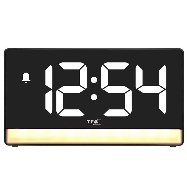 Modern digital alarm clock with mood light: LED light alarm clock with USB charging function, 6 colour gradients, 8 constant colours, dimmable – mains operation & batteries