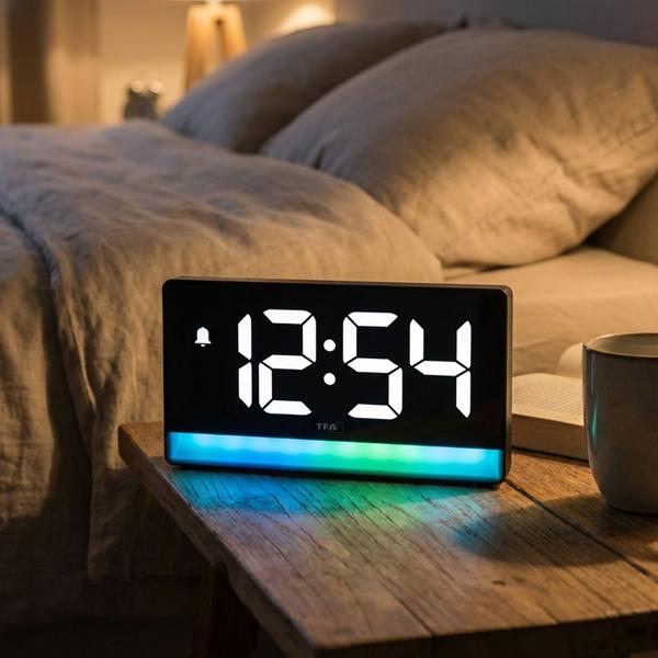 Modern digital alarm clock with mood light: LED light alarm clock with USB charging function, 6 colour gradients, 8 constant colours, dimmable – mains operation & batteries
