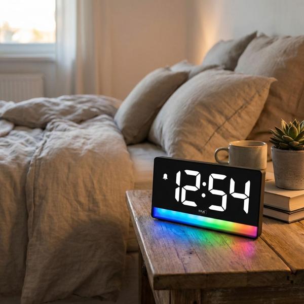 Modern digital alarm clock with mood light: LED light alarm clock with USB charging function, 6 colour gradients, 8 constant colours, dimmable – mains operation & batteries