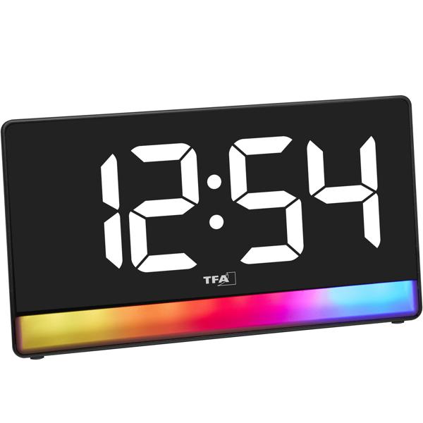 Modern digital alarm clock with mood light: LED light alarm clock with USB charging function, 6 colour gradients, 8 constant colours, dimmable – mains operation & batteries