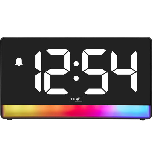 Modern digital alarm clock with mood light: LED light alarm clock with USB charging function, 6 colour gradients, 8 constant colours, dimmable – mains operation & batteries