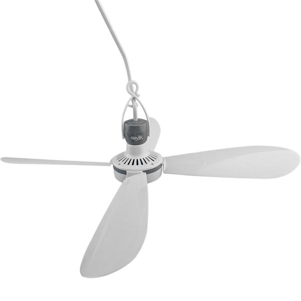 Portable ceiling fan 43 cm Ø, hanging fan with hook for camping, caravan, gazebo & home, 2 m power cable, switch, removable blades, white