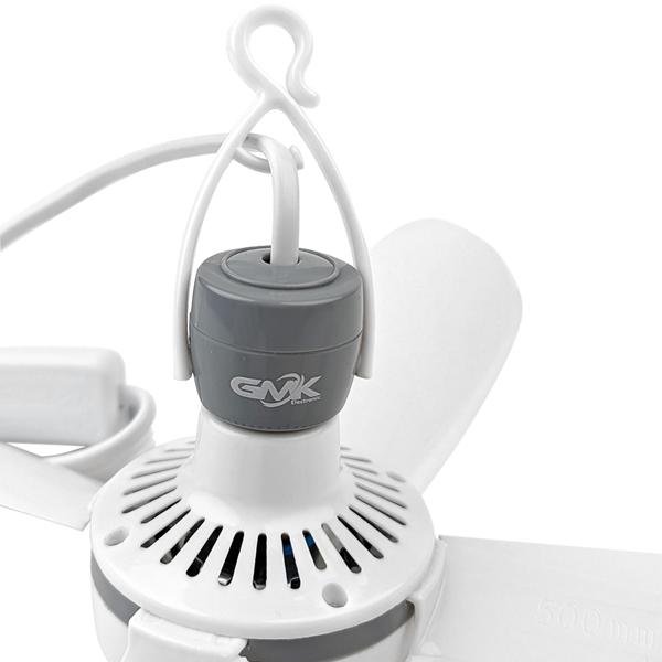 Portable ceiling fan 43 cm Ø, hanging fan with hook for camping, caravan, gazebo & home, 2 m power cable, switch, removable blades, white