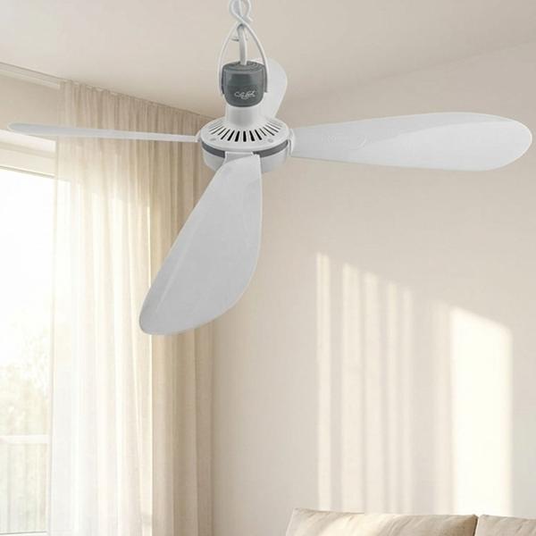 Portable ceiling fan 43 cm Ø, hanging fan with hook for camping, caravan, gazebo & home, 2 m power cable, switch, removable blades, white