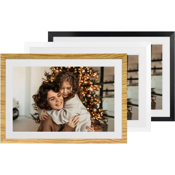 Cadre photo numérique WLAN 10,1“ avec écran tactile IPS, app Frameo et fonction vidéo, 16 Go : 3 cadres interchangeables – aspect bois, noir et blanc