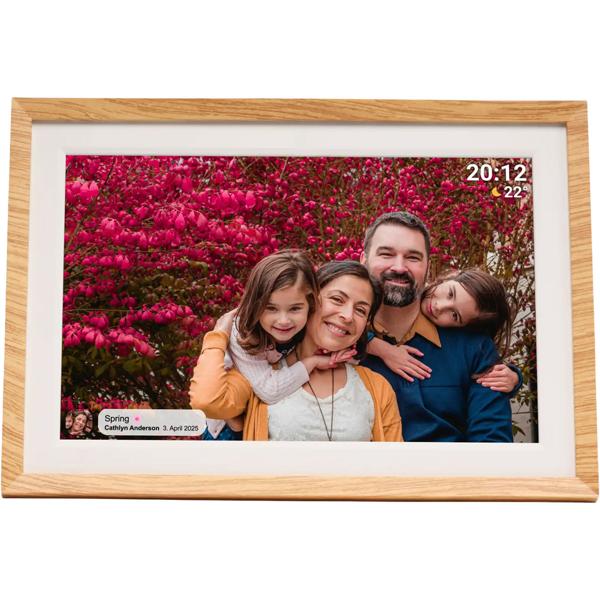 Cadre photo numérique WLAN 10,1“ avec écran tactile IPS, app Frameo et fonction vidéo, 16 Go : 3 cadres interchangeables – aspect bois, noir et blanc