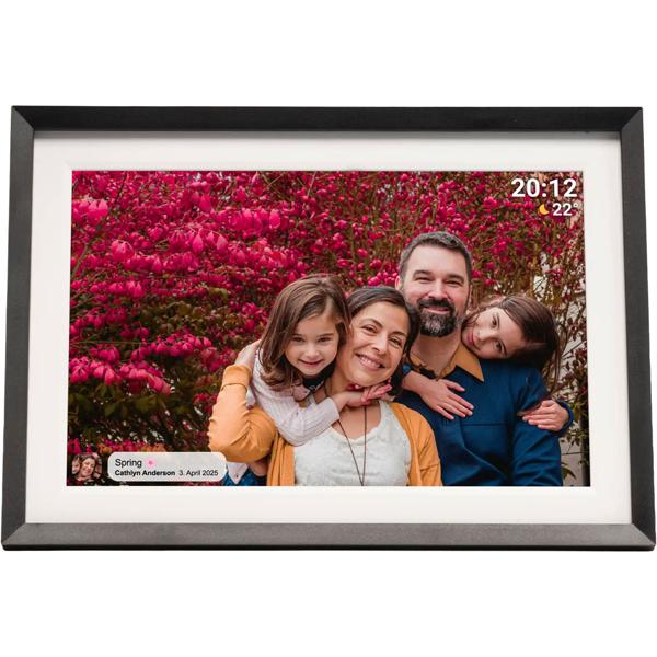 Cadre photo numérique WLAN 10,1“ avec écran tactile IPS, app Frameo et fonction vidéo, 16 Go : 3 cadres interchangeables – aspect bois, noir et blanc