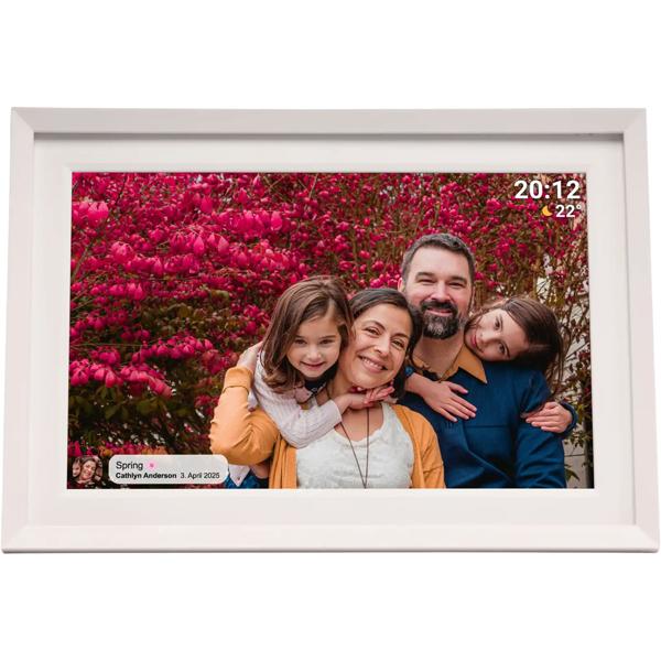 Cadre photo numérique WLAN 10,1“ avec écran tactile IPS, app Frameo et fonction vidéo, 16 Go : 3 cadres interchangeables – aspect bois, noir et blanc