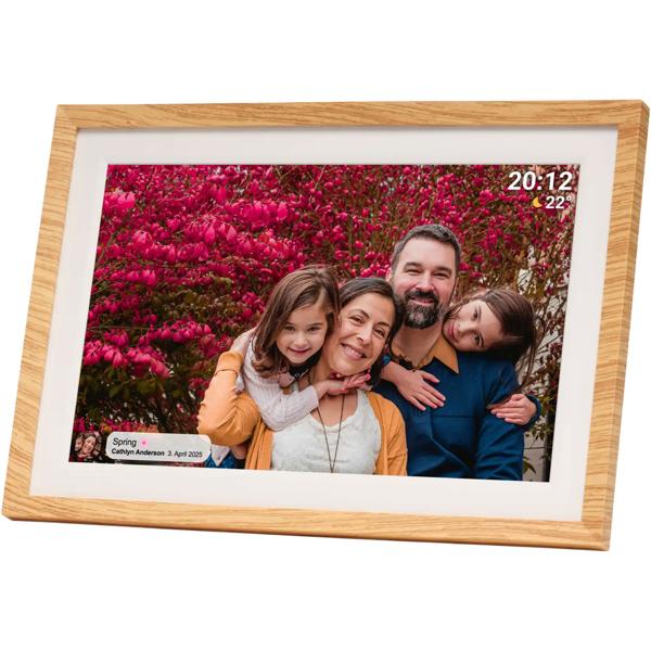 Cadre photo numérique WLAN 10,1“ avec écran tactile IPS, app Frameo et fonction vidéo, 16 Go : 3 cadres interchangeables – aspect bois, noir et blanc