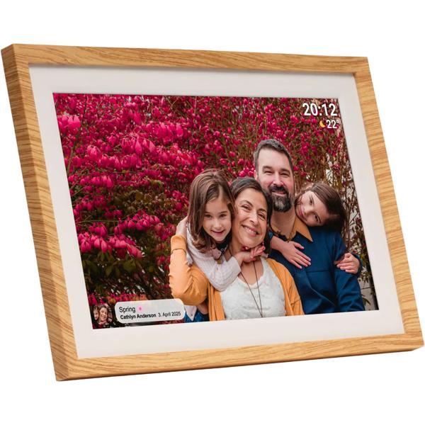 Cadre photo numérique WLAN 10,1“ avec écran tactile IPS, app Frameo et fonction vidéo, 16 Go : 3 cadres interchangeables – aspect bois, noir et blanc
