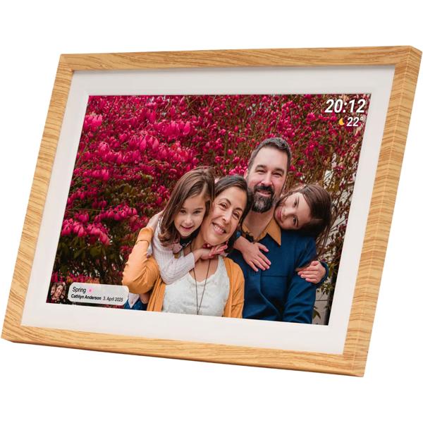 Cadre photo numérique WLAN 10,1“ avec écran tactile IPS, app Frameo et fonction vidéo, 16 Go : 3 cadres interchangeables – aspect bois, noir et blanc