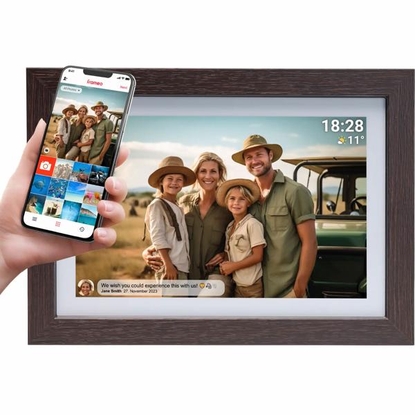 10.1“ Wi‑Fi photo frame dark MDF wood: Brilliant IPS touch display, Frameo app, 16 GB memory – share photos with family & friends