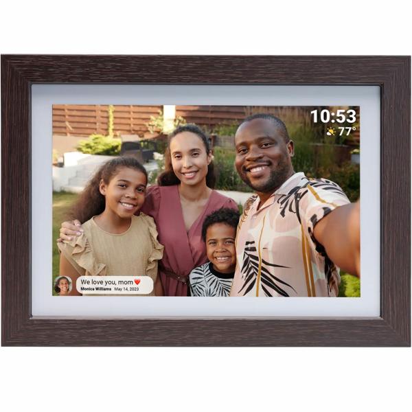 10.1“ Wi‑Fi photo frame dark MDF wood: Brilliant IPS touch display, Frameo app, 16 GB memory – share photos with family & friends