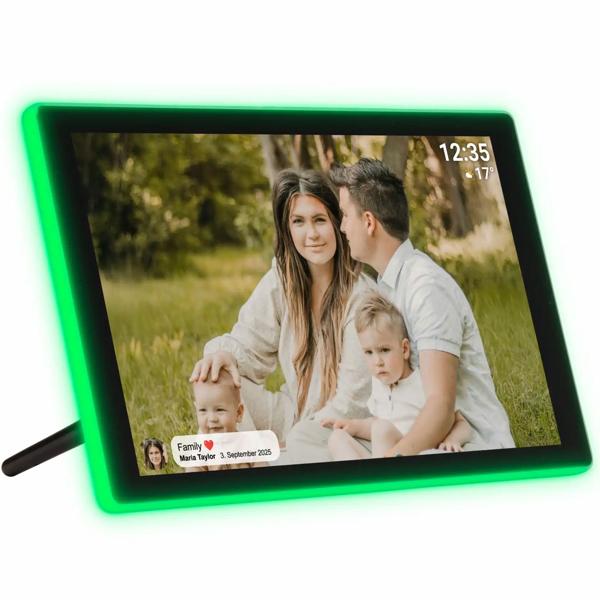 Cadre photo numérique Wi‑Fi 10,1 pouces avec app Frameo – écran tactile IPS, 16GB – Ambilight 190 LED – vidéo Full HD – Cadeau idéal