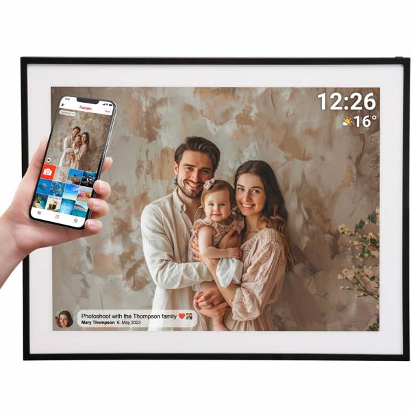 Cornice fotografica digitale 19“ HD IPS touchscreen: cornice Wi-Fi 32GB, app Frameo, funzione video - Idea regalo smart per foto, nera e moderna