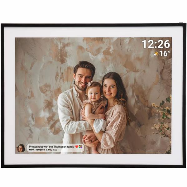 Cornice fotografica digitale 19“ HD IPS touchscreen: cornice Wi-Fi 32GB, app Frameo, funzione video - Idea regalo smart per foto, nera e moderna