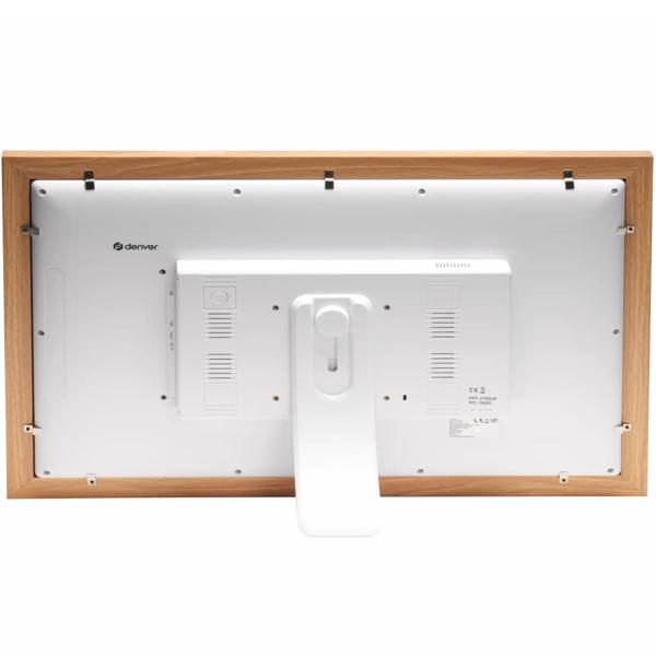 Élégant cadre photo numérique 21,5“ avec Wi‑Fi, écran tactile IPS Full HD, app Frameo, mémoire 32 Go et cadre en bois MDF, compatible VESA