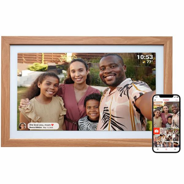 Élégant cadre photo numérique 21,5“ avec Wi‑Fi, écran tactile IPS Full HD, app Frameo, mémoire 32 Go et cadre en bois MDF, compatible VESA