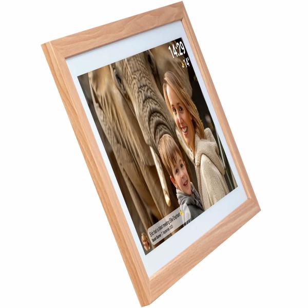 Élégant cadre photo numérique 21,5“ avec Wi‑Fi, écran tactile IPS Full HD, app Frameo, mémoire 32 Go et cadre en bois MDF, compatible VESA