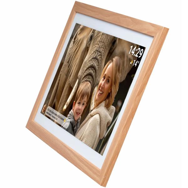 Élégant cadre photo numérique 21,5“ avec Wi‑Fi, écran tactile IPS Full HD, app Frameo, mémoire 32 Go et cadre en bois MDF, compatible VESA