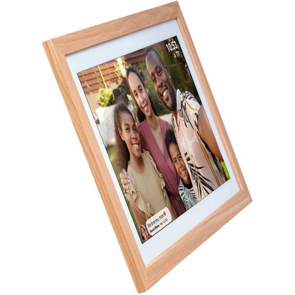 Élégant cadre photo numérique 21,5“ avec Wi‑Fi, écran tactile IPS Full HD, app Frameo, mémoire 32 Go et cadre en bois MDF, compatible VESA
