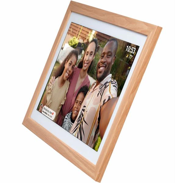 Élégant cadre photo numérique 21,5“ avec Wi‑Fi, écran tactile IPS Full HD, app Frameo, mémoire 32 Go et cadre en bois MDF, compatible VESA