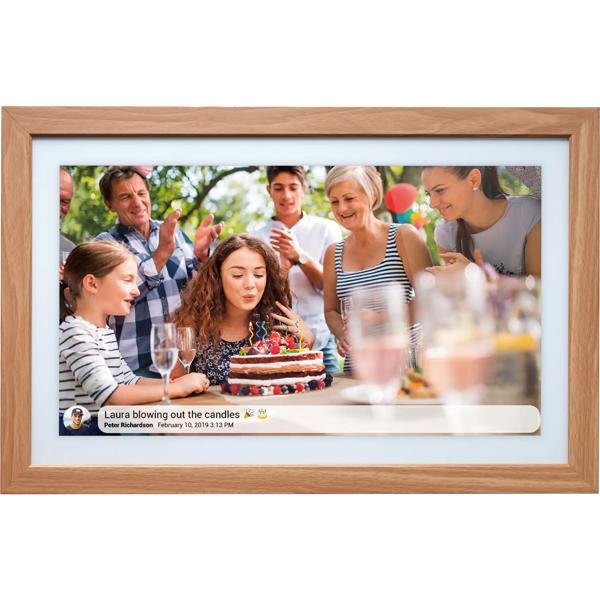 Élégant cadre photo numérique 21,5“ avec Wi‑Fi, écran tactile IPS Full HD, app Frameo, mémoire 32 Go et cadre en bois MDF, compatible VESA