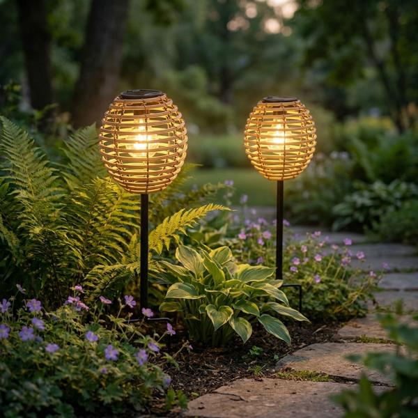 2er-Set Elegante Solar-Steckleuchte für Garten & Terrasse: Robuste LED Solarlampe mit Metallstab, Rattan-Optik für stimmungsvolle Wege