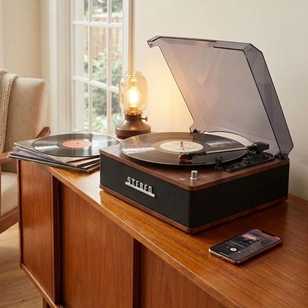 Retro record player with Bluetooth & integrated speakers – Elegant vinyl design, 3 speeds, line‑out – Vintage music system