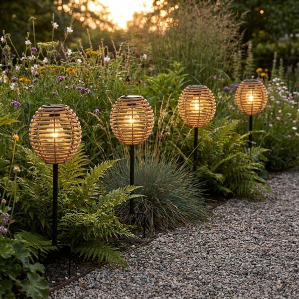 4er-Set Elegante Solar-Steckleuchte für Garten & Terrasse: Robuste LED Solarlampe mit Metallstab, Rattan-Optik für stimmungsvolle Wege