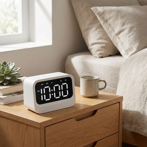Digital alarm clock with Bluetooth 5.3 speaker, dual alarm and dimmable LCD display, modern bedside alarm clock in white