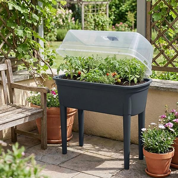 Serra compatta antracite 47 l, stazione di semina con coperchio e gambe: box per semina, robusta e portatile per piante