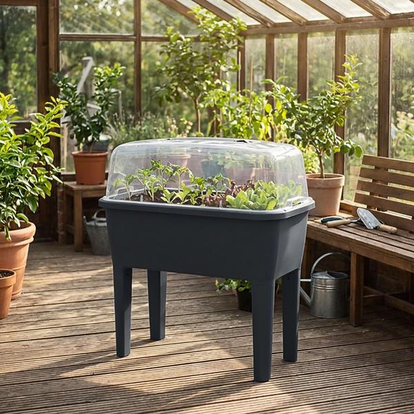 Praktisches Gewächshaus Anthrazit 52 Liter: Hochbeet mit Deckel und Belüftung, Anzuchtkasten für Outdoor - Stabil, Wetterfest & Rückenschonend