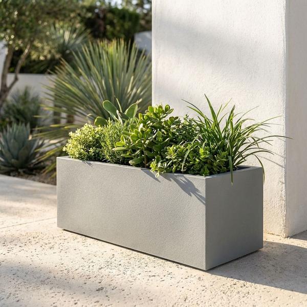 Rectangular flower pot 58 cm in concrete grey, 21L plastic planter box for indoor & outdoor, frost‑proof & UV‑resistant, lightweight