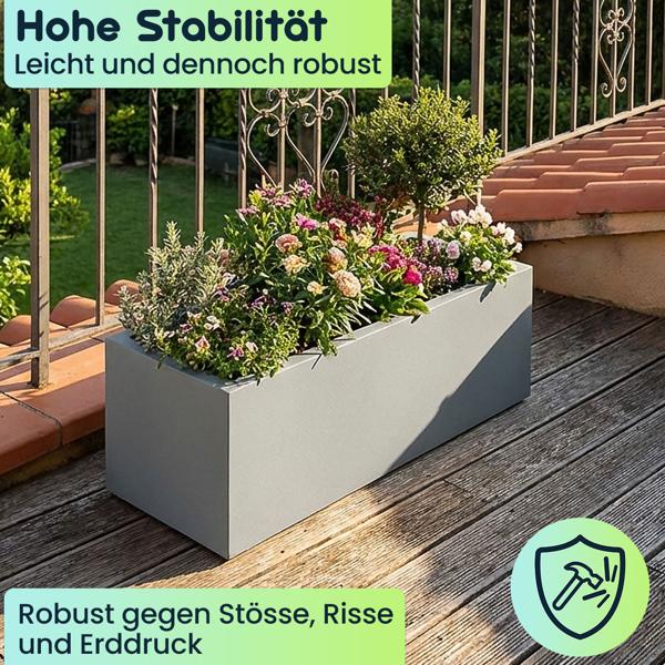 Blumentopf Rechteckig 58cm in Beton-Grau, Pflanzkasten 21L aus Kunststoff für Innen & Aussen, Frostsicher & UV-Beständig, Leichtgewicht