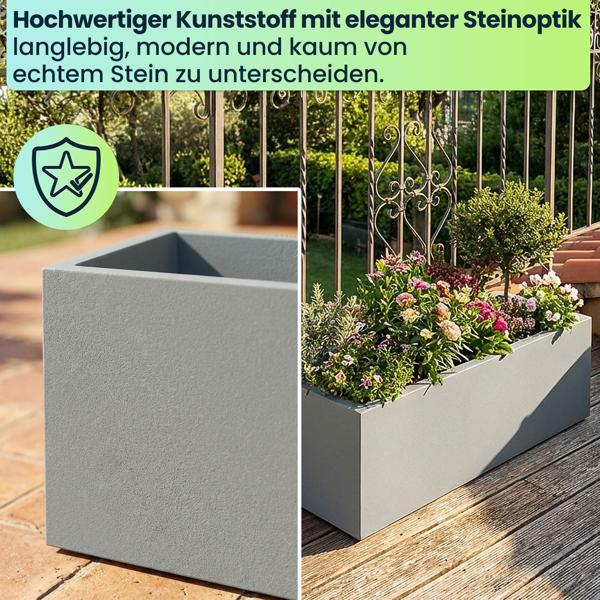 Blumentopf Rechteckig 58cm in Beton-Grau, Pflanzkasten 21L aus Kunststoff für Innen & Aussen, Frostsicher & UV-Beständig, Leichtgewicht