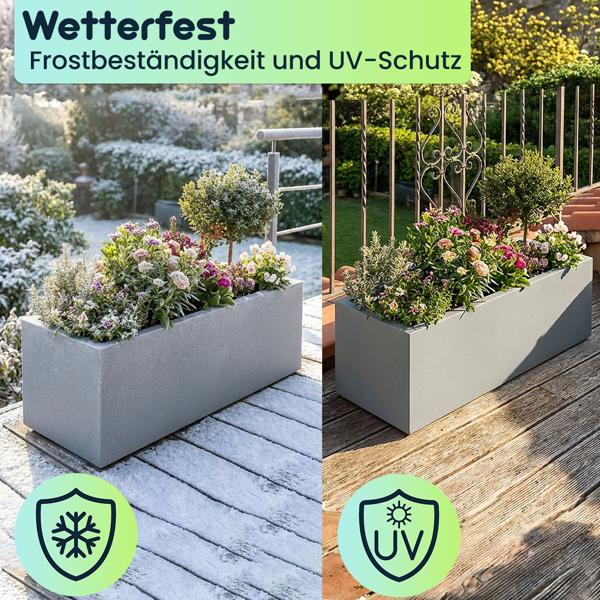 Blumentopf Rechteckig 58cm in Beton-Grau, Pflanzkasten 21L aus Kunststoff für Innen & Aussen, Frostsicher & UV-Beständig, Leichtgewicht