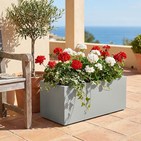 Pot de fleurs rectangulaire 58 cm gris béton, jardinière 35L en plastique pour intérieur & extérieur, résistant au gel & aux UV, poids léger