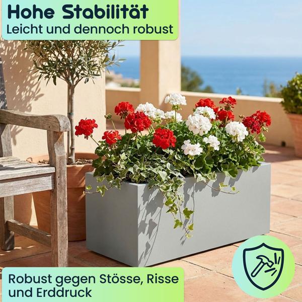 Blumentopf Rechteckig 58cm in Beton-Grau, Pflanzkasten 35L aus Kunststoff für Innen & Aussen, Frostsicher & UV-Beständig, Leichtgewicht
