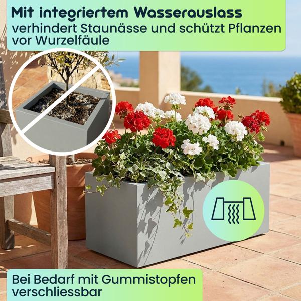 Blumentopf Rechteckig 58cm in Beton-Grau, Pflanzkasten 35L aus Kunststoff für Innen & Aussen, Frostsicher & UV-Beständig, Leichtgewicht